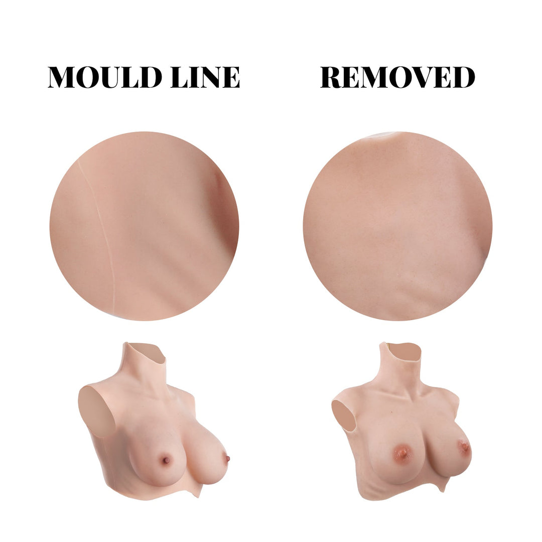 Comparison of a breast model with and without a mould line on a white background.