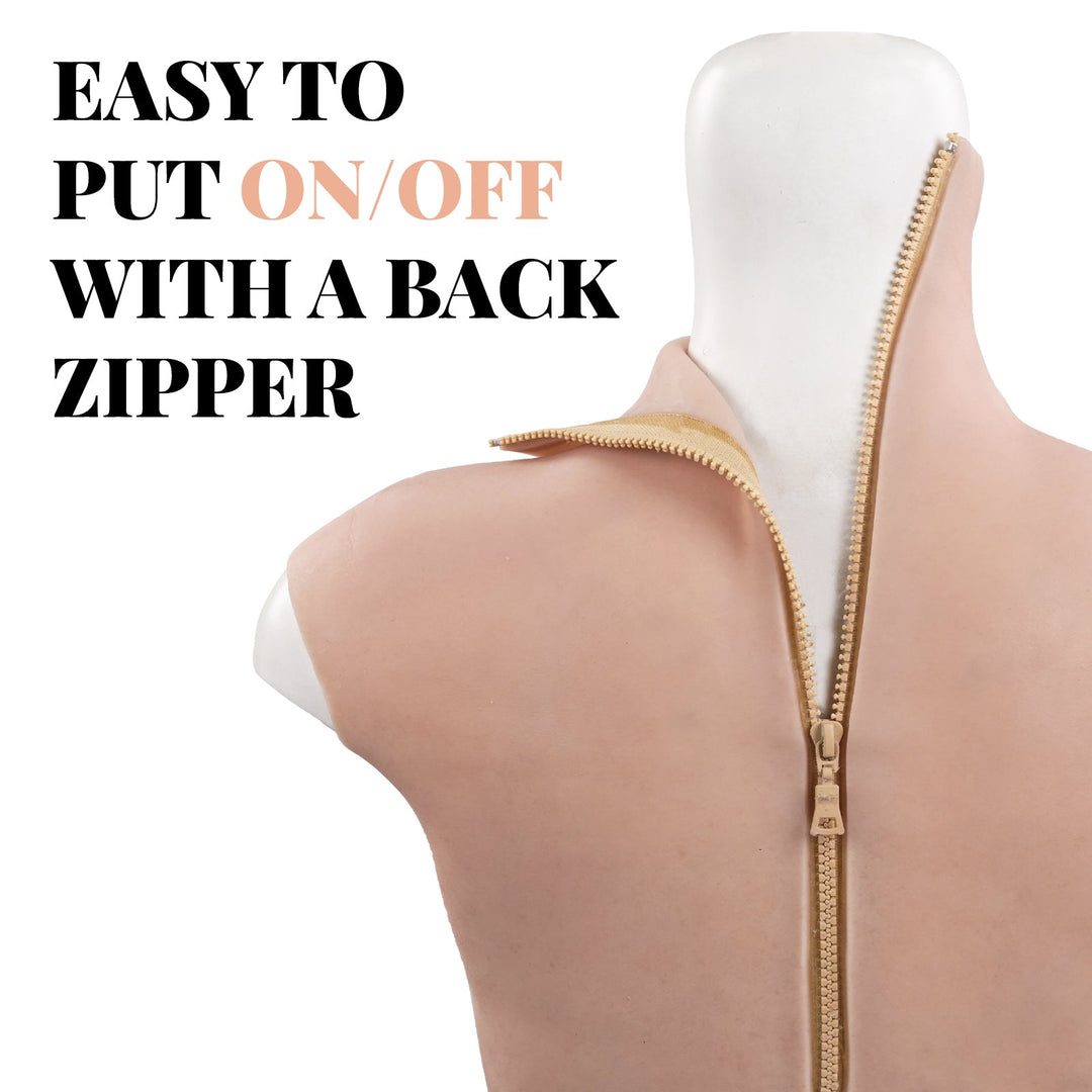 Mannequin wearing a beige top with a back zipper on a white background